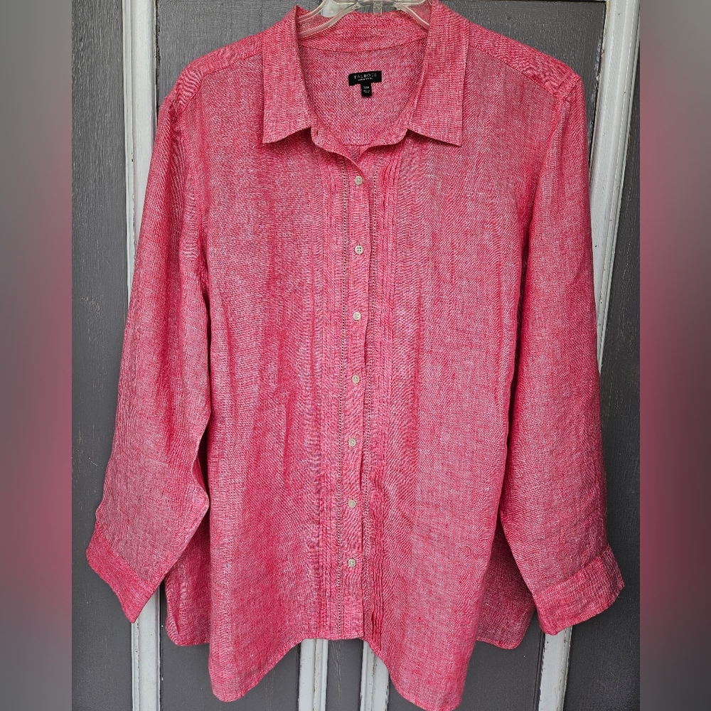 100% Linen button up red women's plus petite top (g5-3)